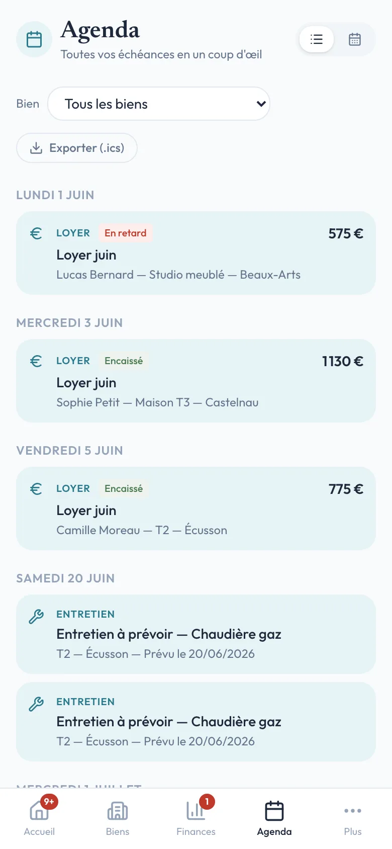 Agenda Logio : échéances de loyers (encaissé, en retard) et entretiens d'équipements regroupés par date, exportables au format .ics.