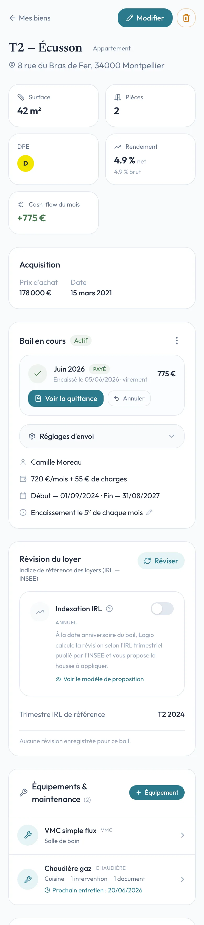 Fiche d'un bien dans Logio : bail en cours, locataire, révision de loyer et équipements (VMC, chaudière) rattachés au logement.