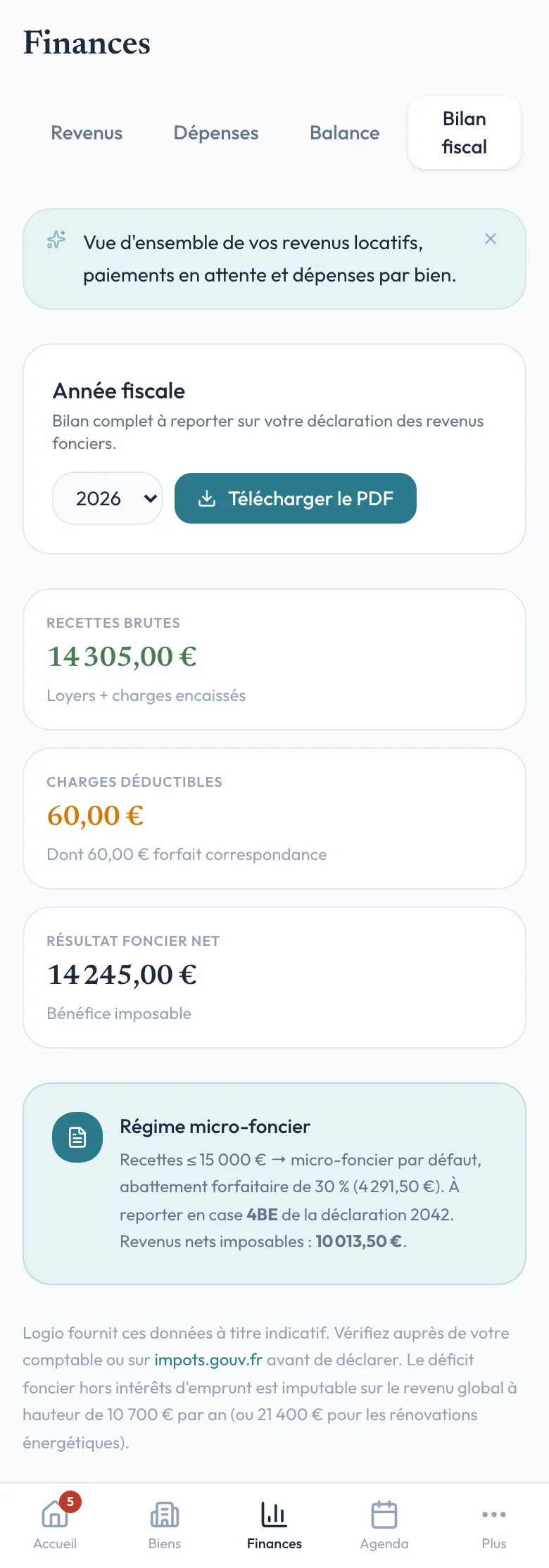 Bilan fiscal Logio : recettes brutes, charges déductibles et résultat foncier net pour la déclaration des revenus fonciers, régime micro-foncier.