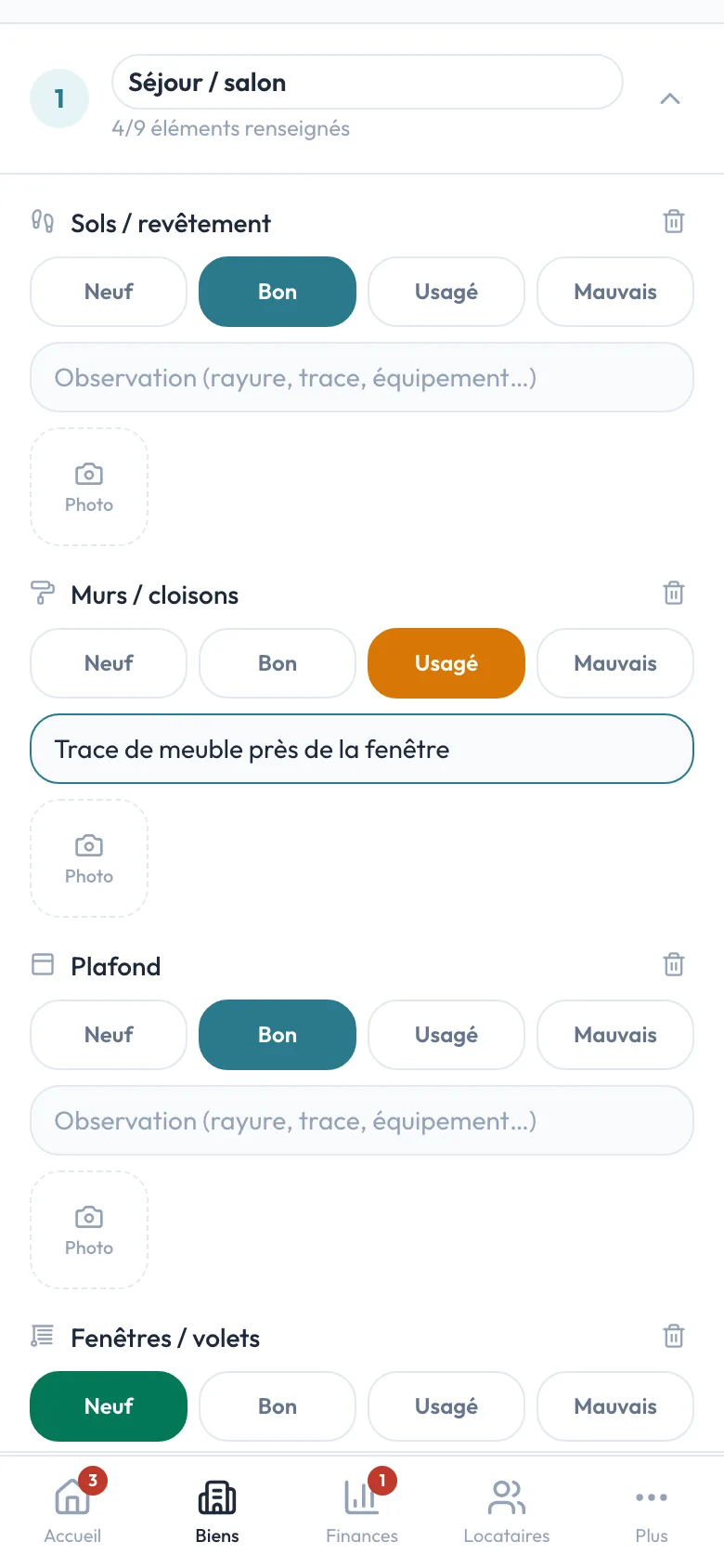 État des lieux d'entrée dans Logio, sur téléphone : pour chaque élément de la pièce, état neuf, bon, usagé ou mauvais, observation et photo.