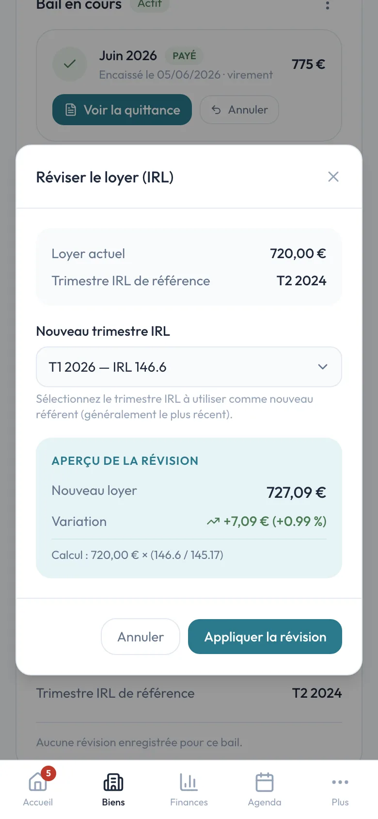 Calculateur de révision de loyer IRL dans Logio : loyer actuel, nouvel indice IRL, nouveau loyer et variation calculés automatiquement.