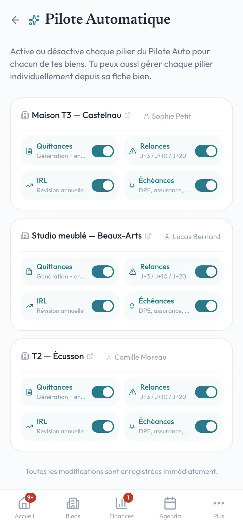 Écran Pilote automatique de Logio : pour chaque bien, activation des piliers quittances, relances, révision IRL et alertes.
