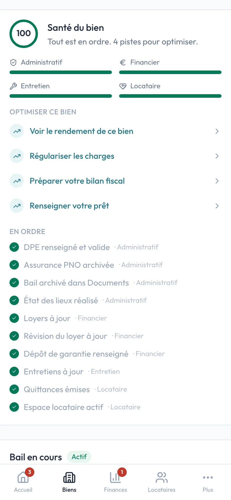 Santé du bien dans Logio : score sur 100 en quatre piliers (administratif, financier, entretien, locataire), ce qui est en ordre et les pistes pour optimiser.