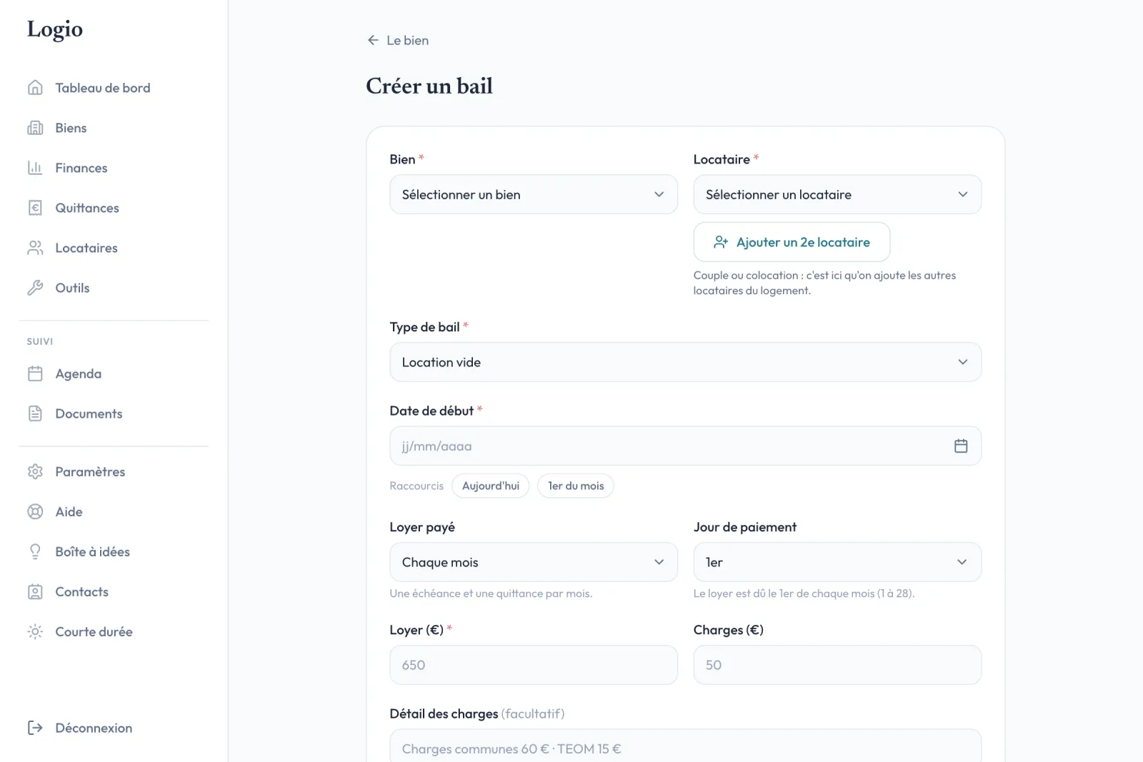 Formulaire « Créer un bail » dans Logio : bien, locataire, type de bail, date de début avec raccourcis Aujourd'hui et 1er du mois, terme du loyer, loyer et charges