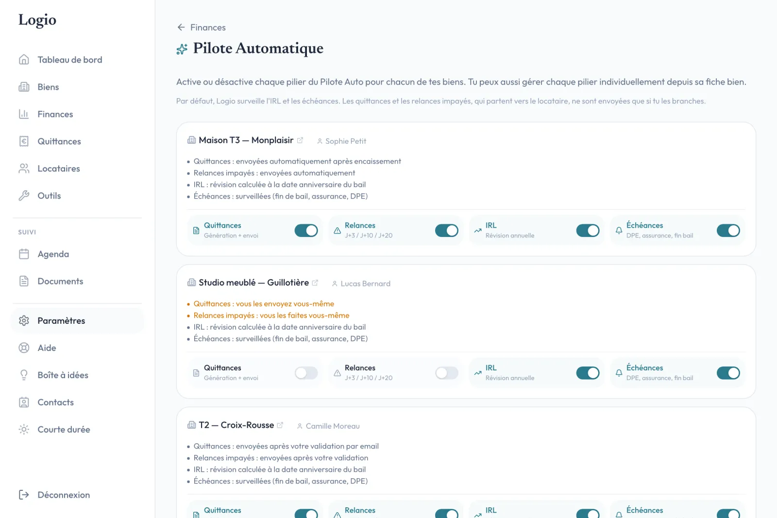 Écran Pilote Auto de Logio : pour chaque bien, les interrupteurs quittances, relances, IRL et échéances avec le réglage en cours