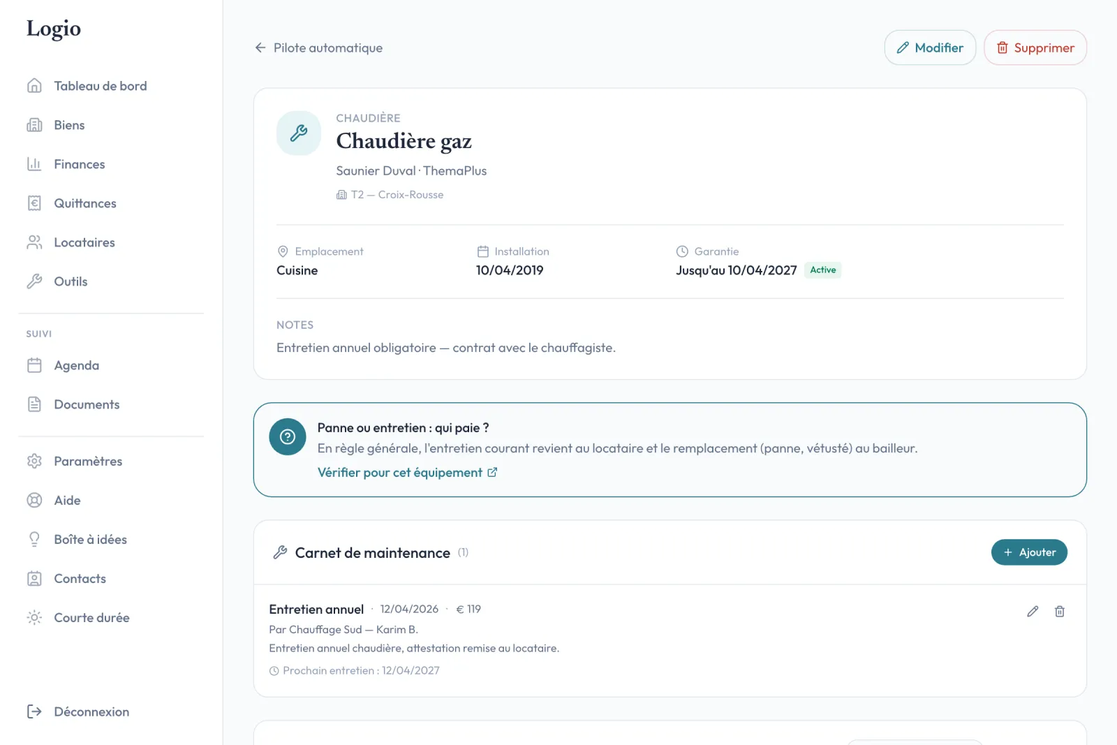 Fiche équipement Logio : chaudière gaz, emplacement, date d'installation, garantie, « qui paie quoi » et carnet de maintenance daté