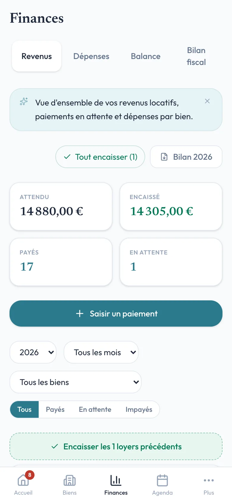 Suivi financier de l'app Logio sur mobile : recettes et charges.