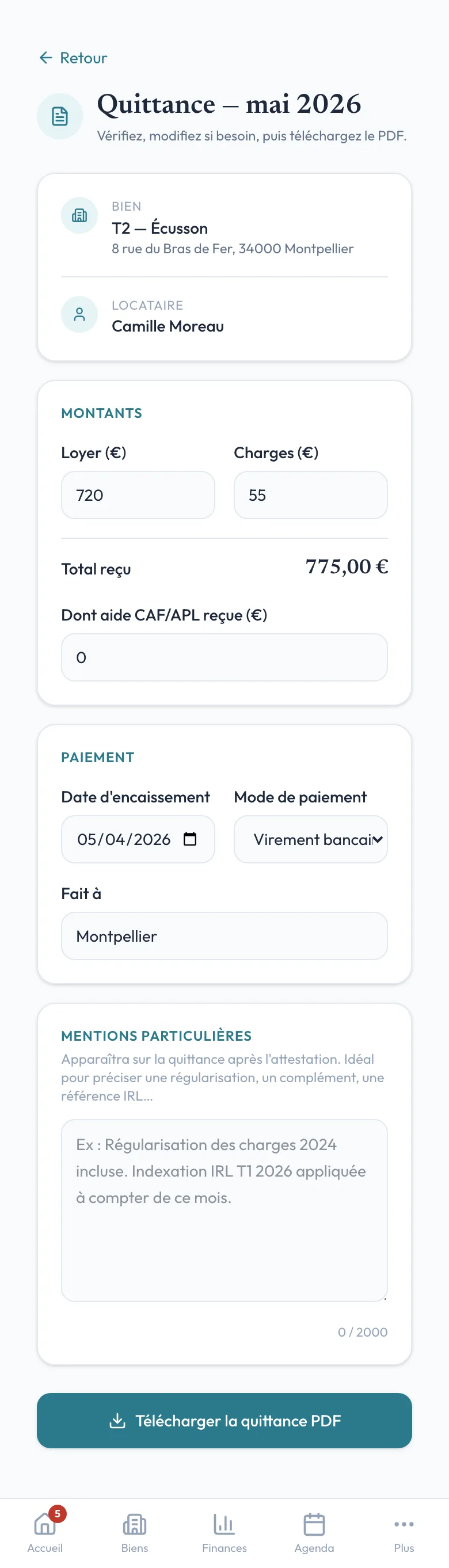 Génération de quittance dans l'app Logio sur mobile : quittance prête en PDF.