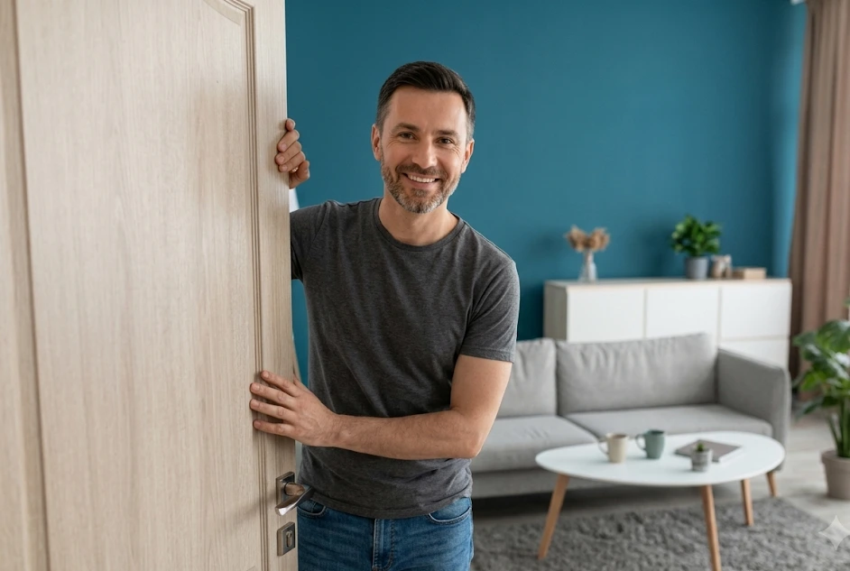 Bureau d'un primo-investisseur avec carnet de notes, fiches de bien immobiliers, simulation de prêt et café du matin